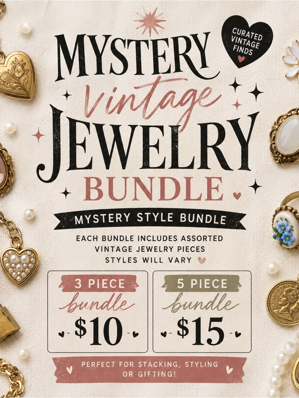 Mystery Vintage Jewelry Bundle - Assorted Women's Jewelry (Pink Accents)